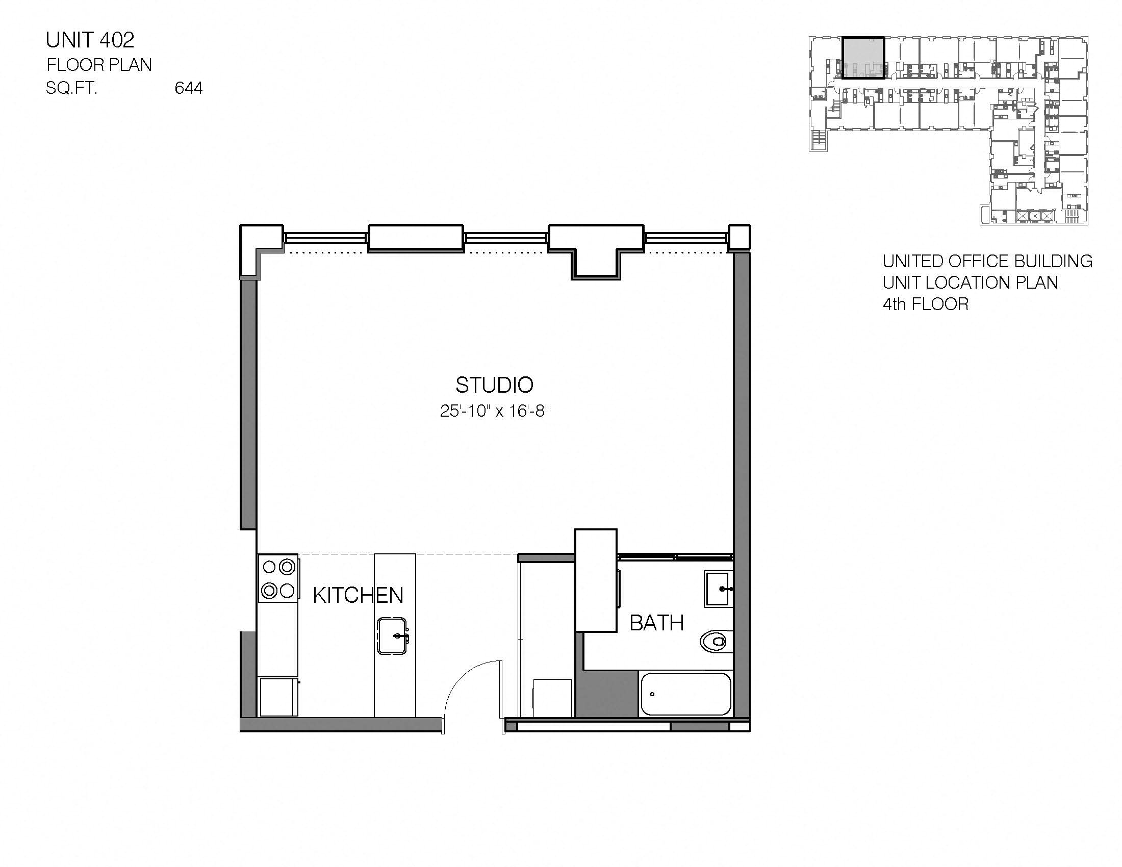 Floor plan for studio, 1 bath, 644 sqft